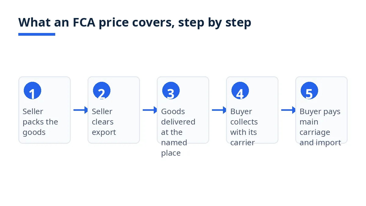 Diagram: five steps of an FCA price, from seller packing to buyer paying main carriage and import