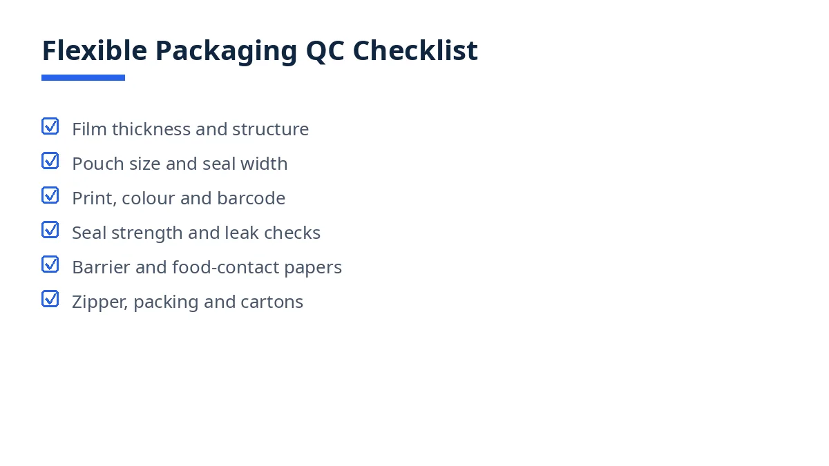 Quality control checklist for flexible packaging from Bangladesh, shown as a printable tick-box graphic