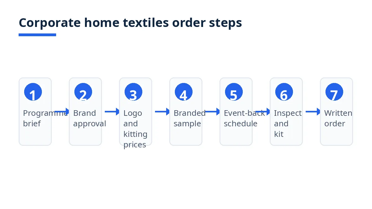 Six steps for a corporate home textiles order, from programme brief to distribution