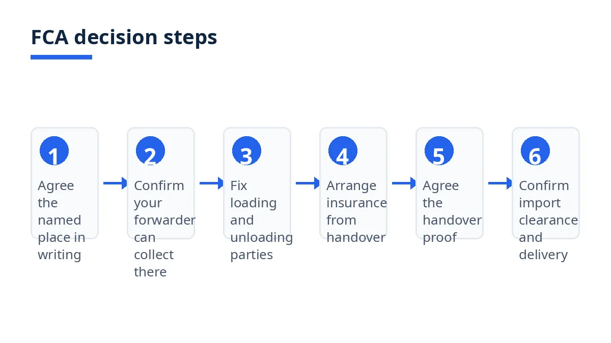 Diagram: six FCA decision steps, from naming the place to import clearance