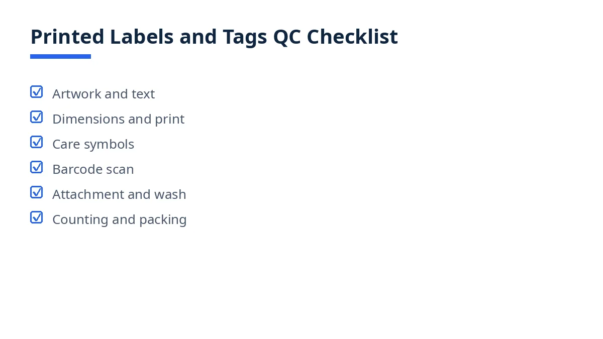 Printable checklist graphic for printed labels and tags: artwork, print, care symbols, barcode, attachment and packing checks
