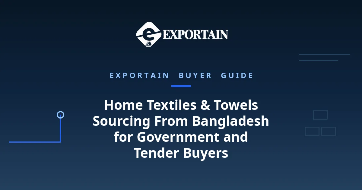 Navy title card: Home textiles sourcing from Bangladesh for government and tender buyers