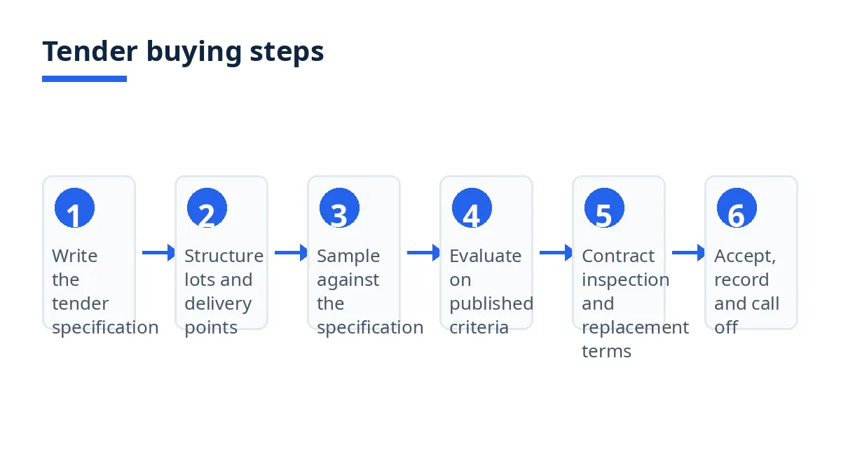 Diagram: seven tender buying steps, from specification to acceptance and call-off