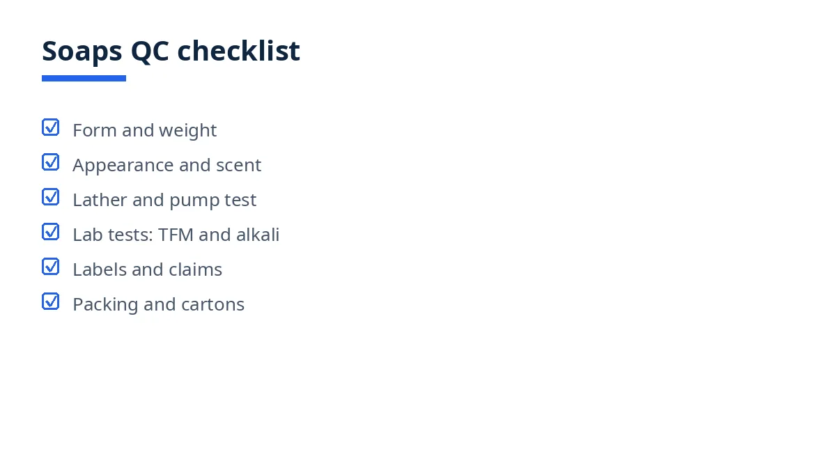 Diagram of the soaps QC checklist with six blocks, from form and weight to packing