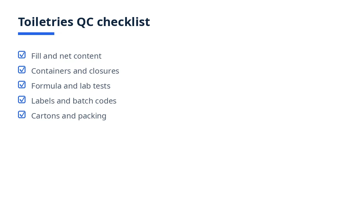 Diagram of the toiletries QC checklist with five blocks, from fill to packing