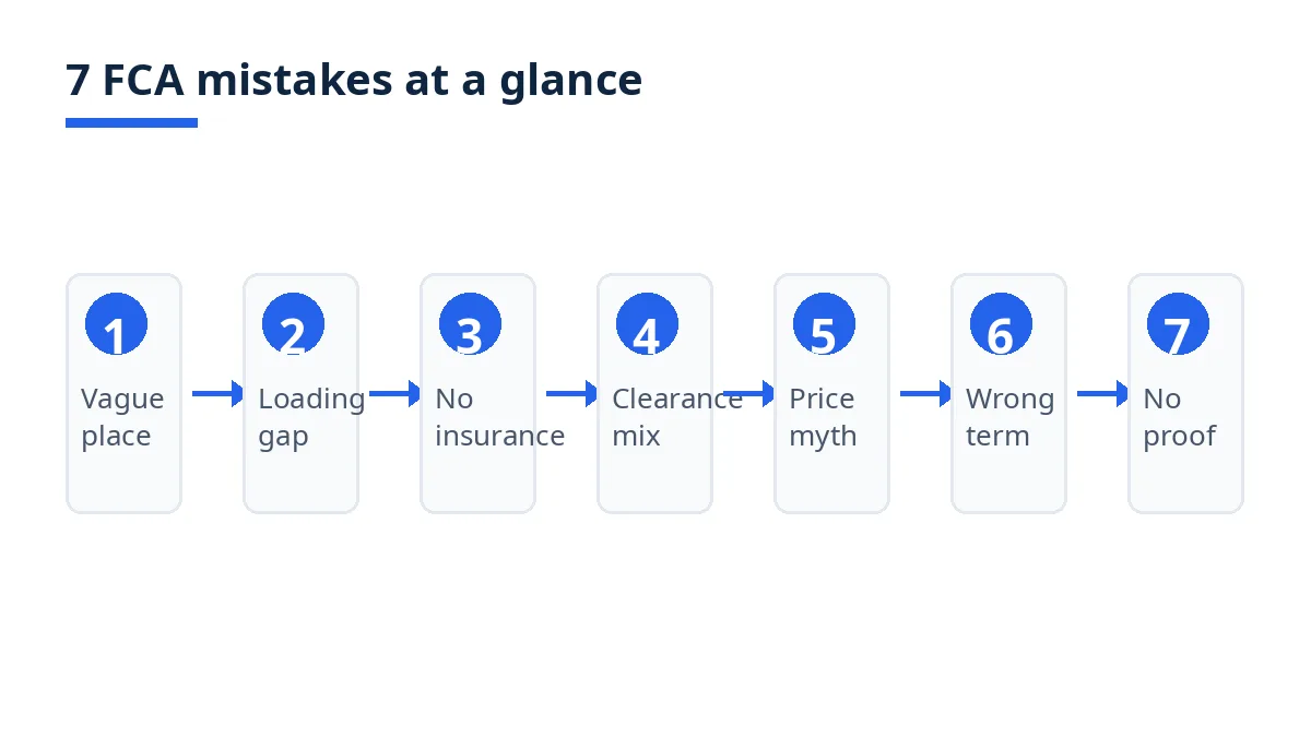Diagram: the seven FCA mistakes, from vague named place to missing delivery proof