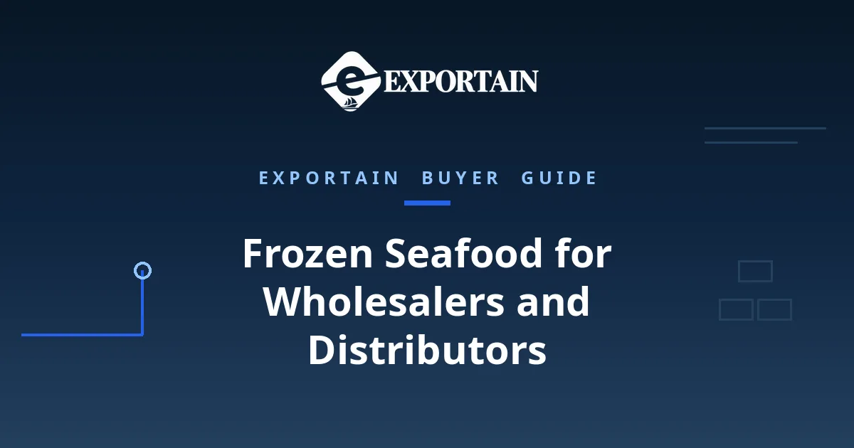 Navy title card: Frozen Seafood for Wholesalers and Distributors, bulk sourcing from Bangladesh
