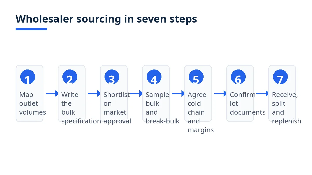 Diagram: seven steps for wholesaler sourcing, from outlet volumes to receiving and replenishment
