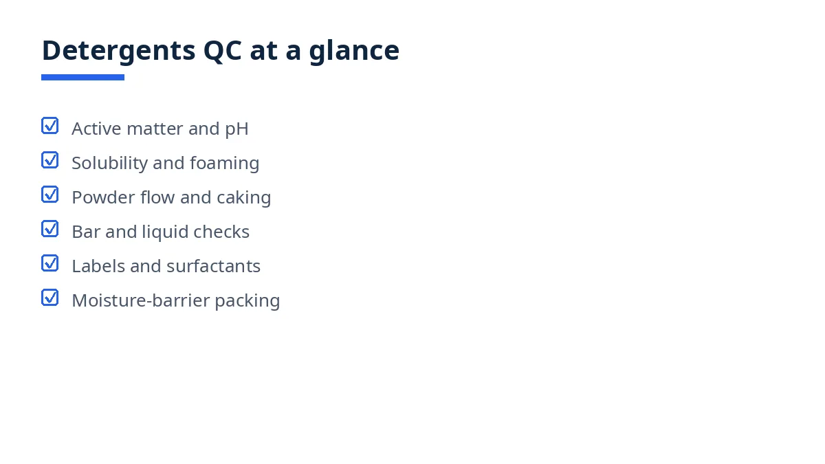 Diagram of the detergents QC checklist: active matter, foaming, caking, dosing, labels and moisture-barrier packing