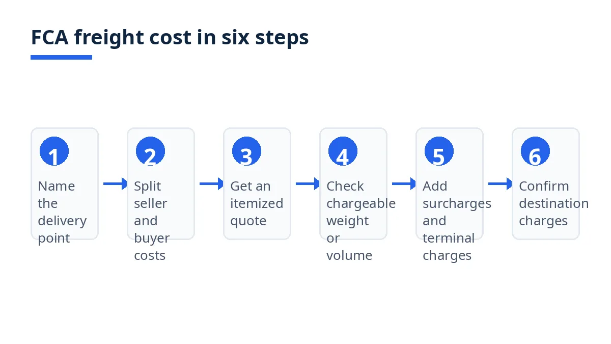 Diagram: six steps to price FCA freight, from naming the delivery point to confirming destination charges