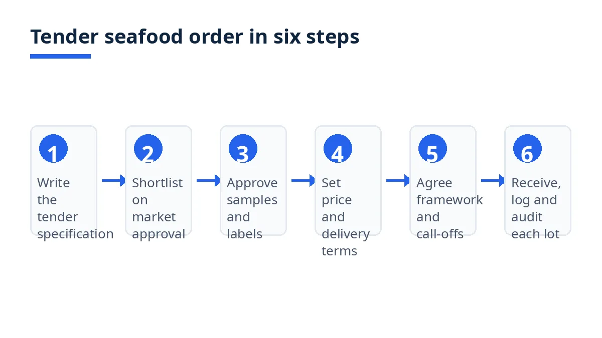 Diagram: six steps for a tender seafood order, from specification to audit
