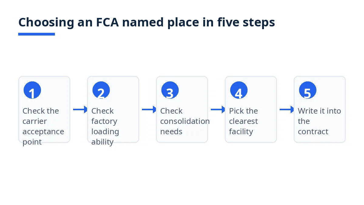 Diagram: five steps for choosing an FCA named place, from carrier check to contract wording