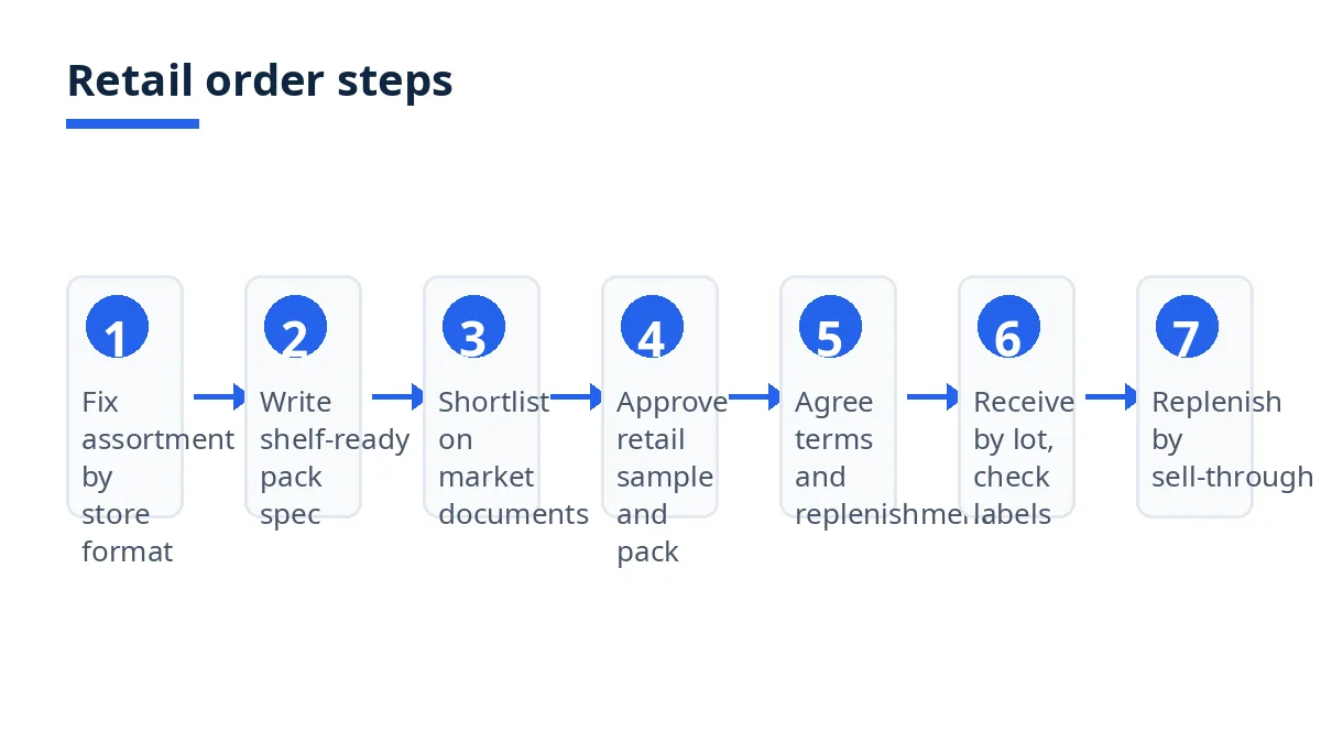 Diagram: seven steps for a retailer electrical order, from assortment to replenishment