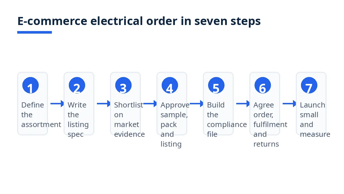 Diagram: seven steps for an e-commerce electrical order, from listing specs to returns