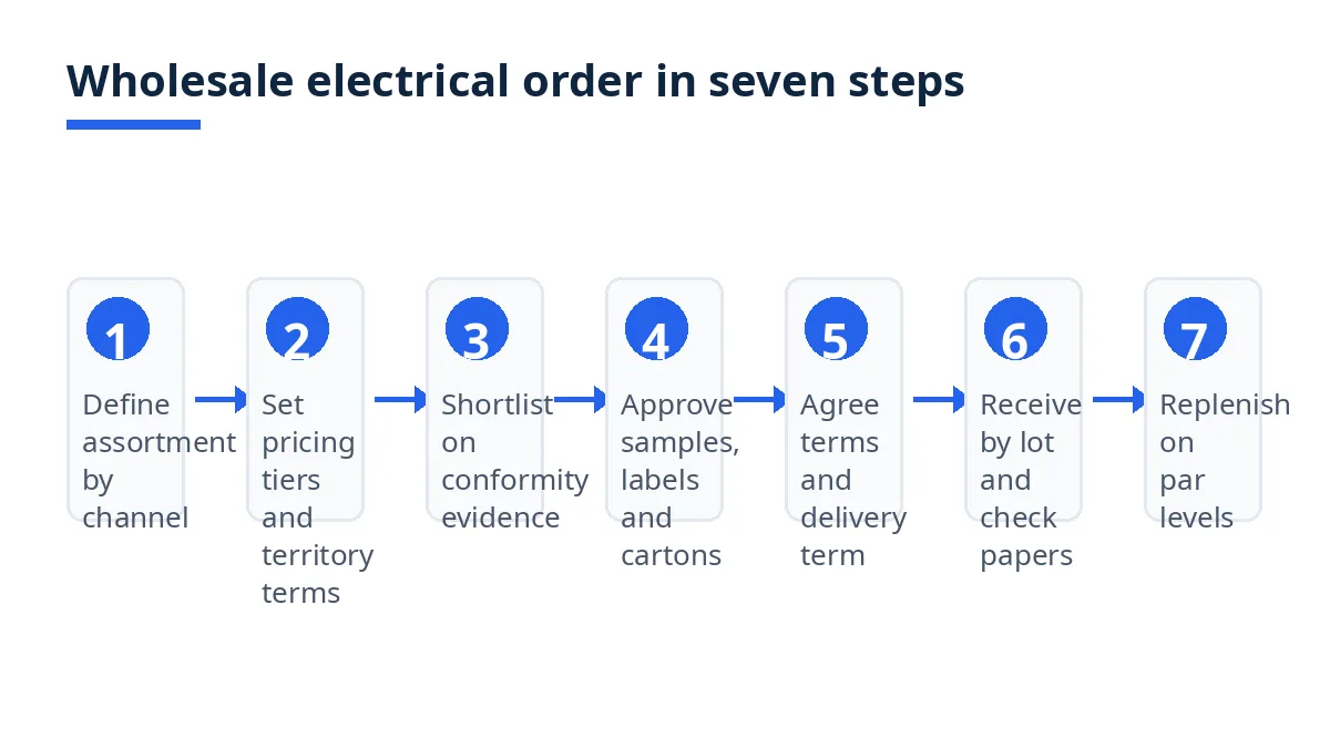 Diagram: seven steps for a wholesale electrical order, from assortment to replenishment