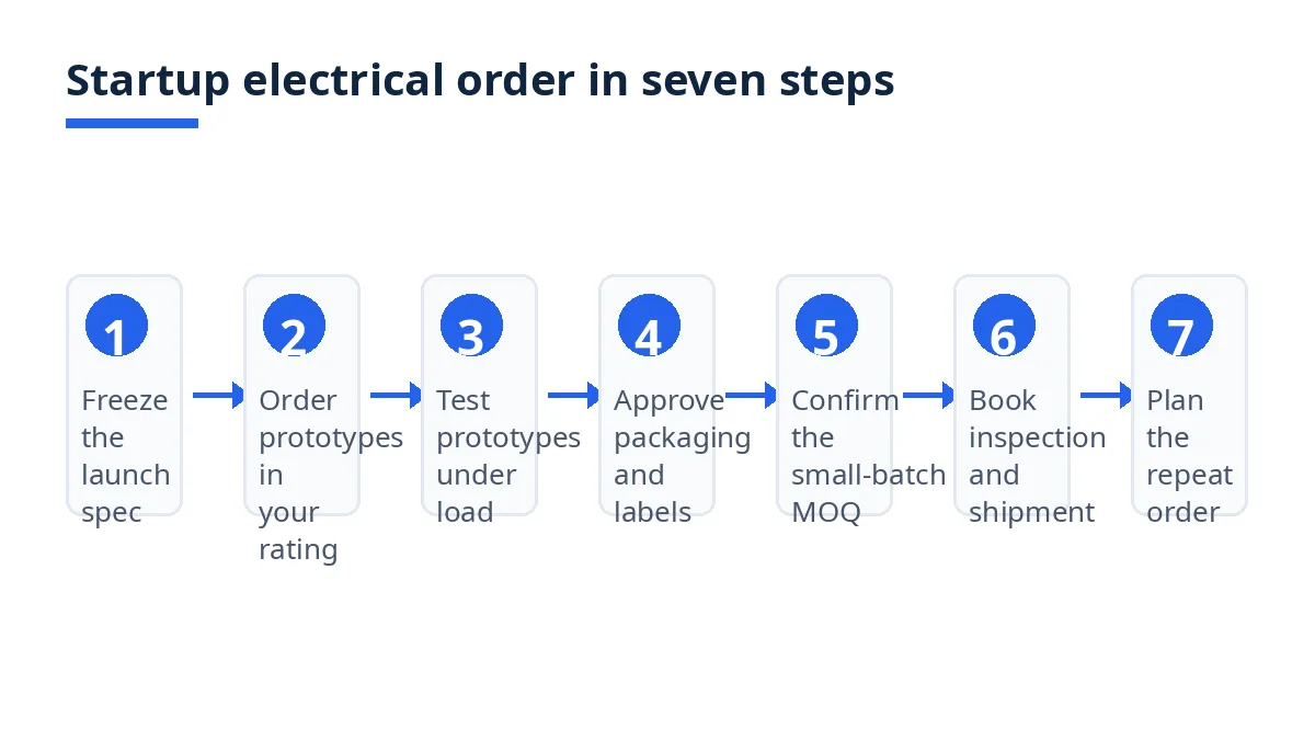 Diagram: seven steps for a startup electrical order, from launch spec to repeat order