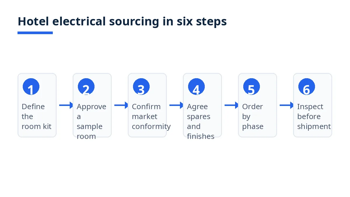 Diagram: six steps for hotel electrical sourcing, from room kit to pre-shipment inspection