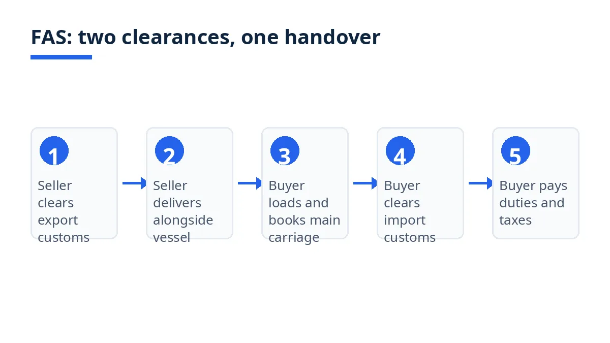 Diagram: FAS clearance split, from seller export clearance to buyer import clearance