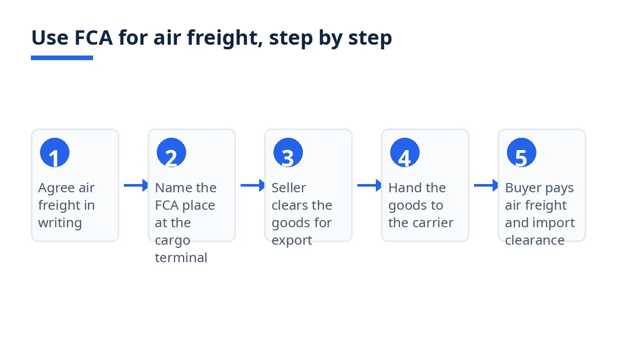 Diagram: five steps to use FCA for air freight, from agreeing air freight to buyer-paid carriage