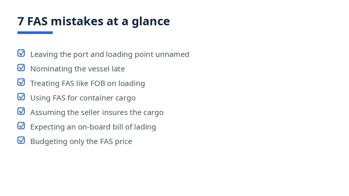 Diagram: seven FAS mistakes at a glance, from unnamed ports to price-only budgeting