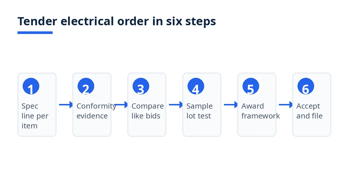 Diagram: six steps for a tender electrical order, from specification to audit file