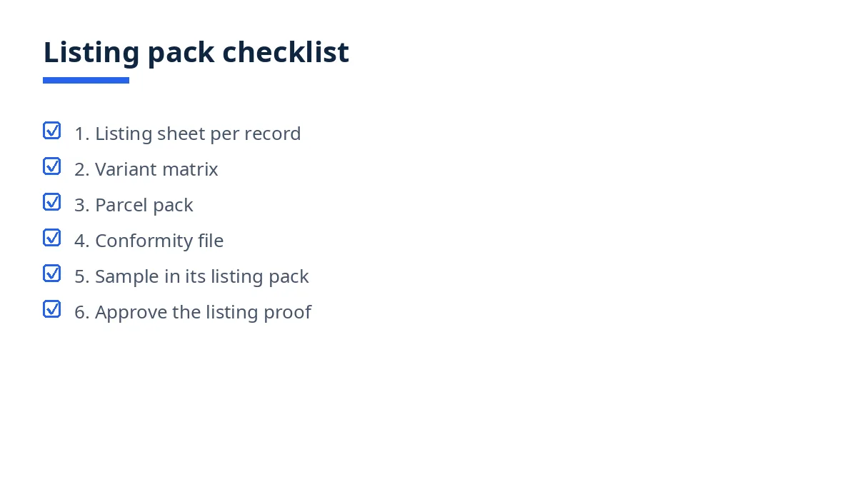 Diagram: six steps to build an e-commerce listing pack, from listing sheet to listing proof