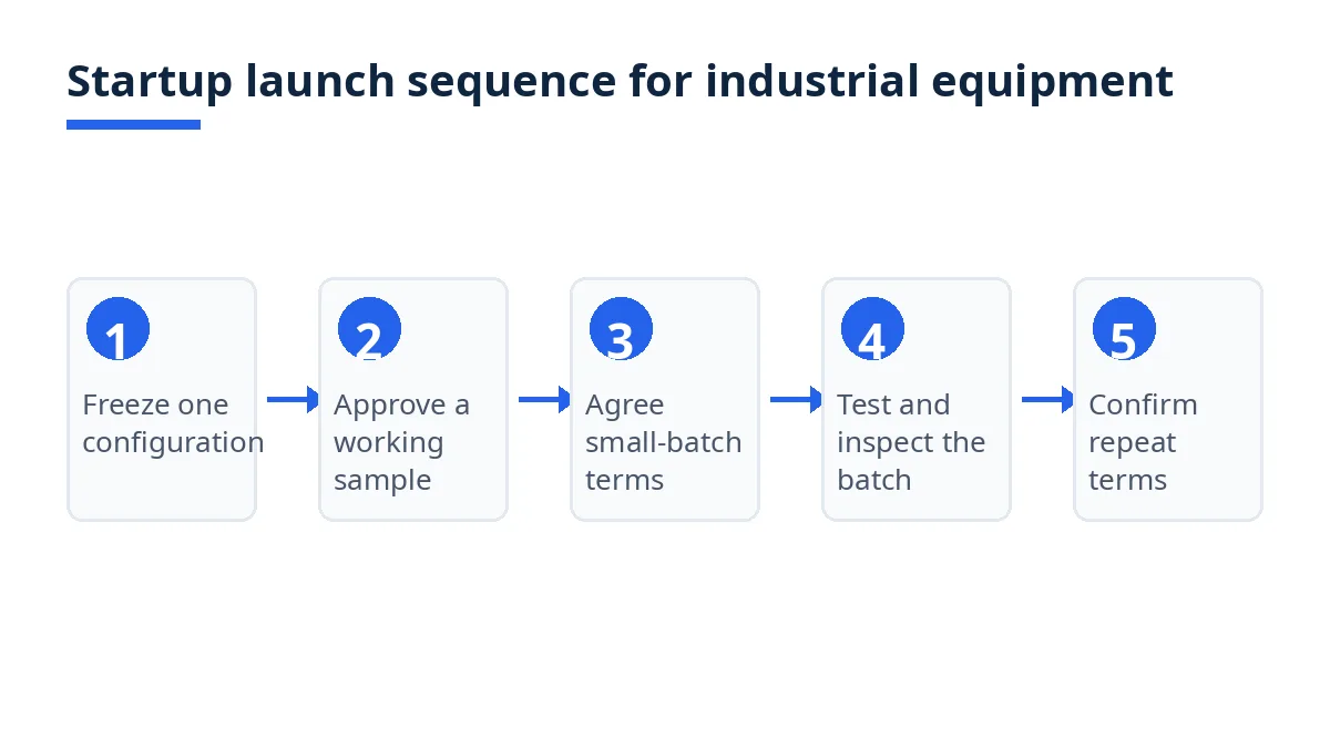 Diagram: startup launch sequence for industrial equipment, from configuration to repeat terms