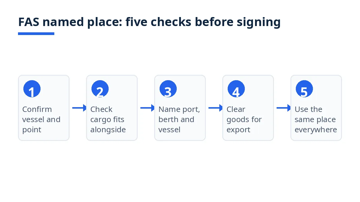 Diagram: five checks for the FAS named place, from vessel confirmation to using the same place everywhere