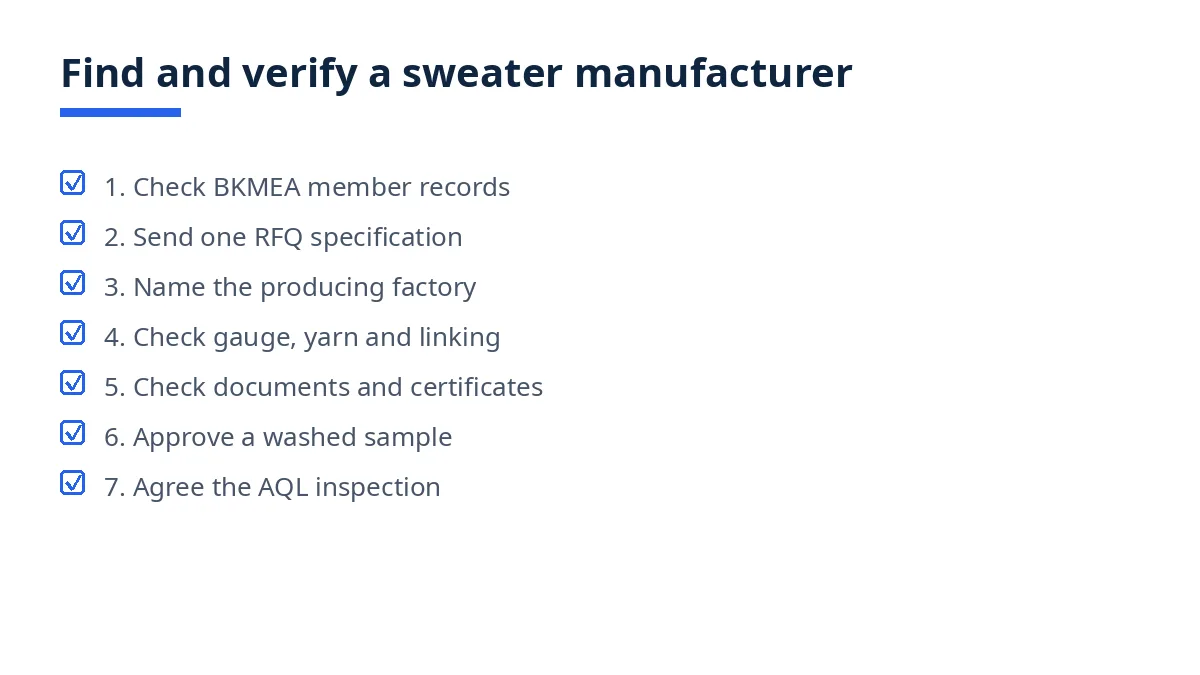 Diagram: seven steps to find and verify a sweater manufacturer in Bangladesh