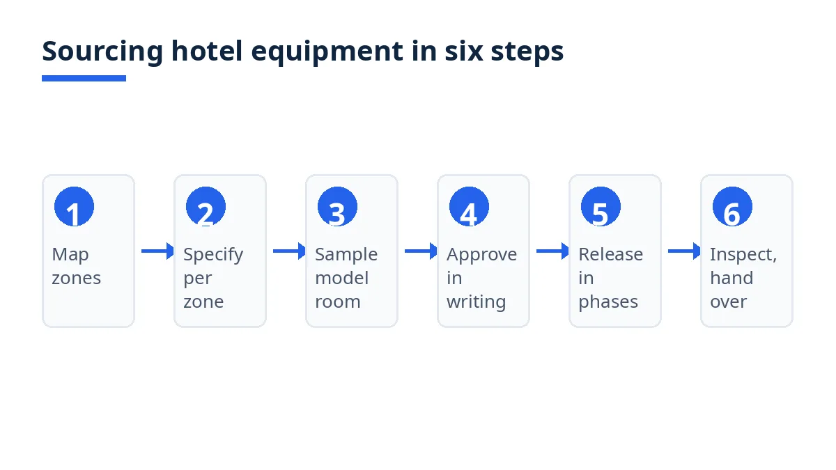Diagram: seven steps to source hotel equipment, from mapping zones to handing over spares