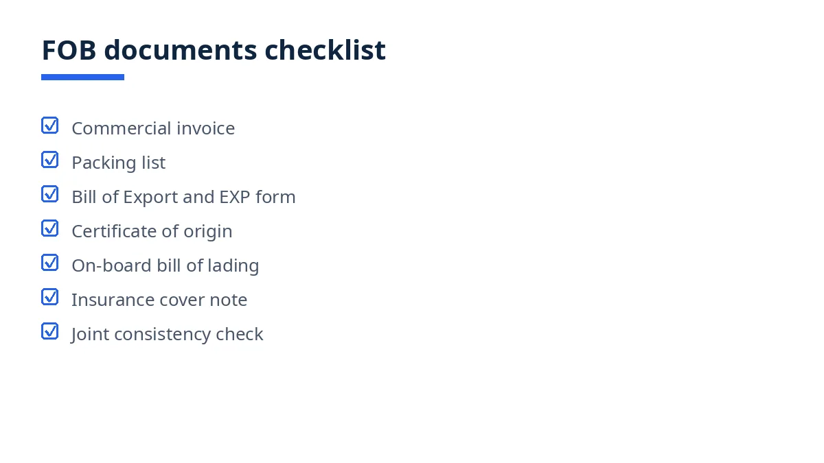 Checklist graphic with tick boxes: seven FOB document checks from invoice to on-board bill of lading