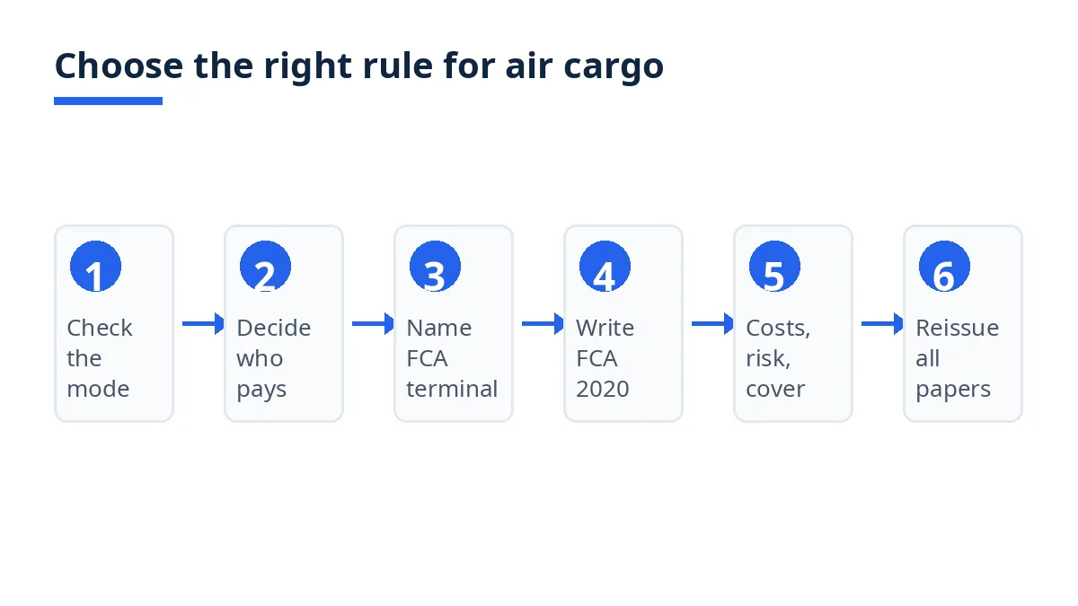 Diagram: six steps to choose FCA for air freight, from checking the mode to reissuing documents