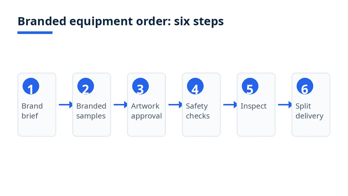 Diagram: six steps for a branded equipment order, from brand brief to split shipment