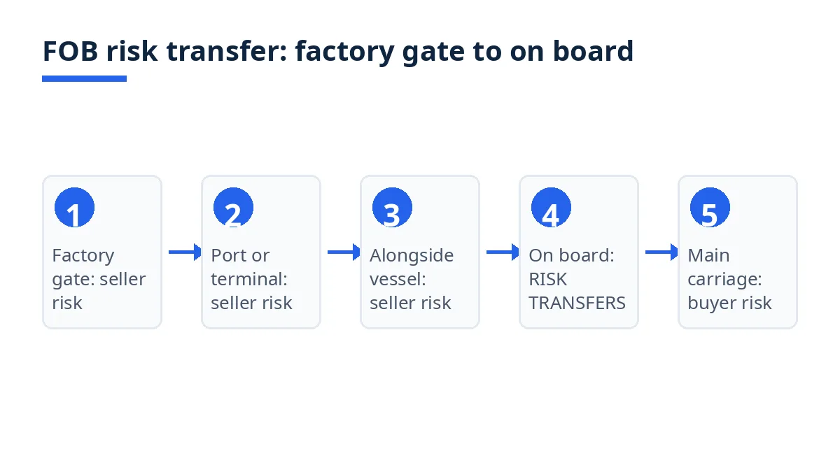 Timeline diagram: seller bears risk to on board the vessel, buyer bears risk from on board onward