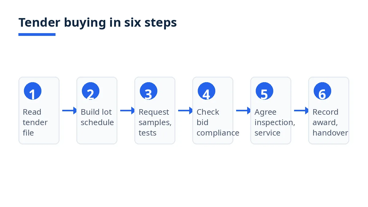 Diagram: six steps for tender buying, from reading the tender file to recording award and handover