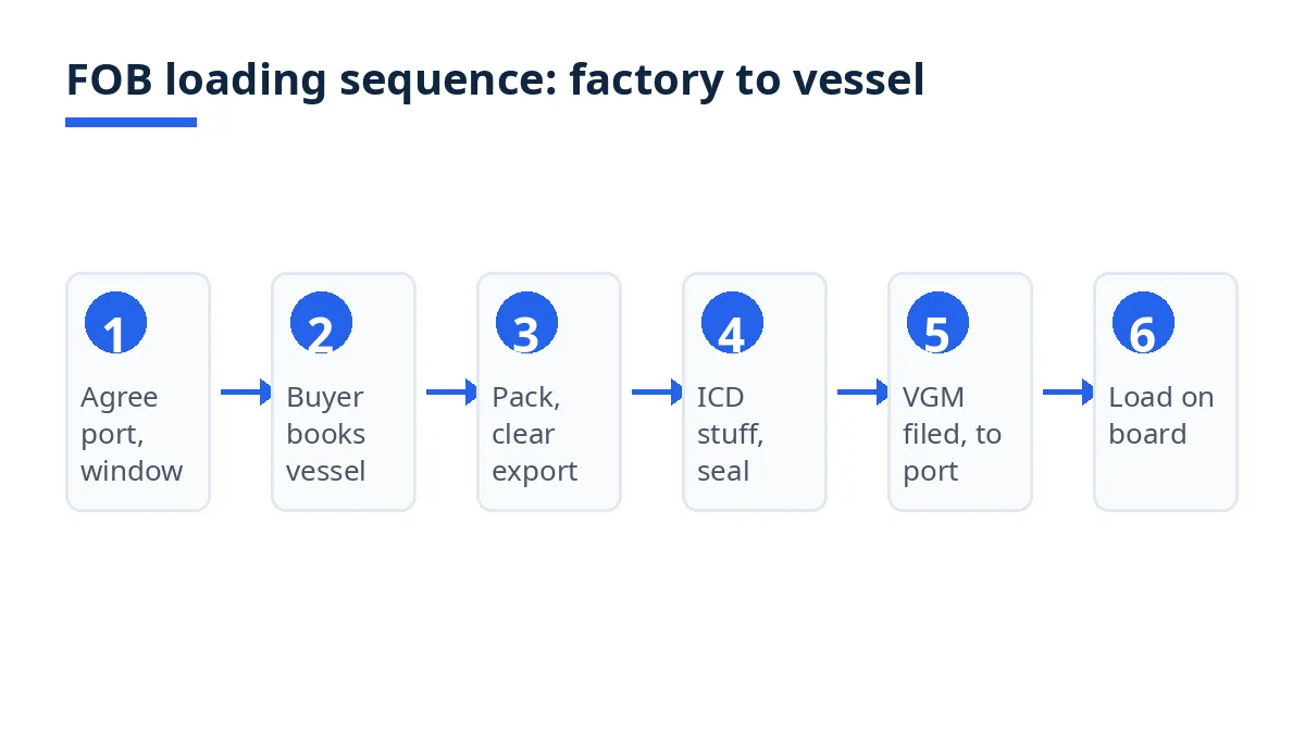 Diagram: six FOB loading steps from agreeing the port of shipment to goods loaded on board