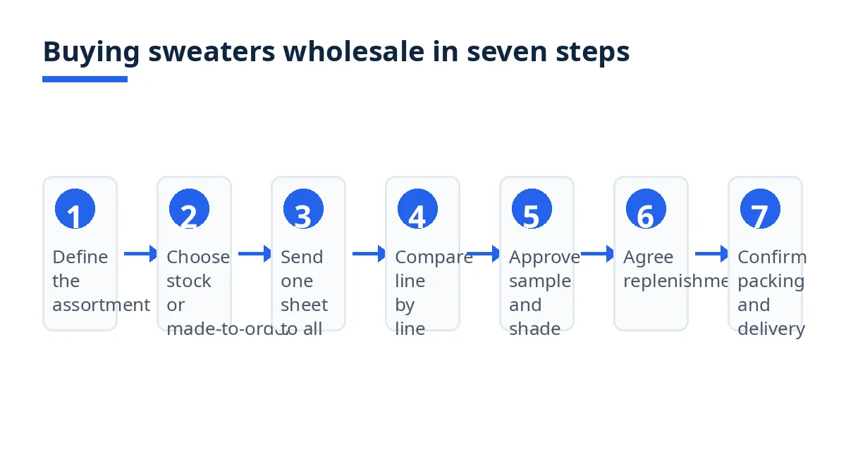 Diagram: seven steps to buy sweaters wholesale, from assortment to delivery