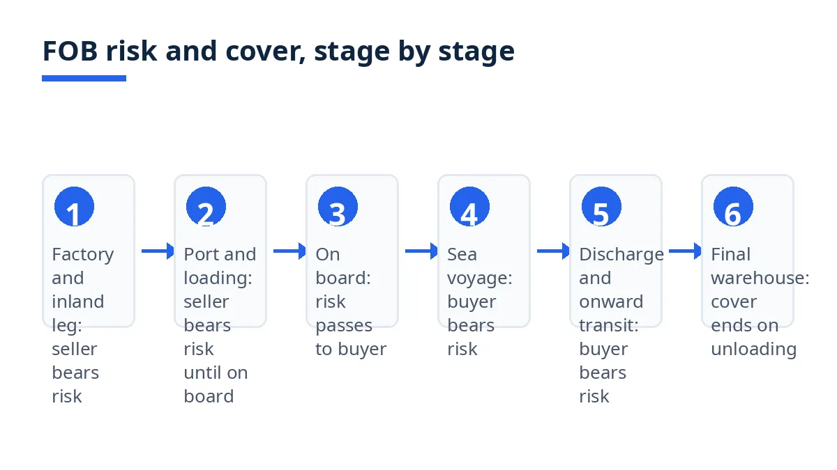 Diagram: six stages of FOB risk and cover, from factory to final warehouse
