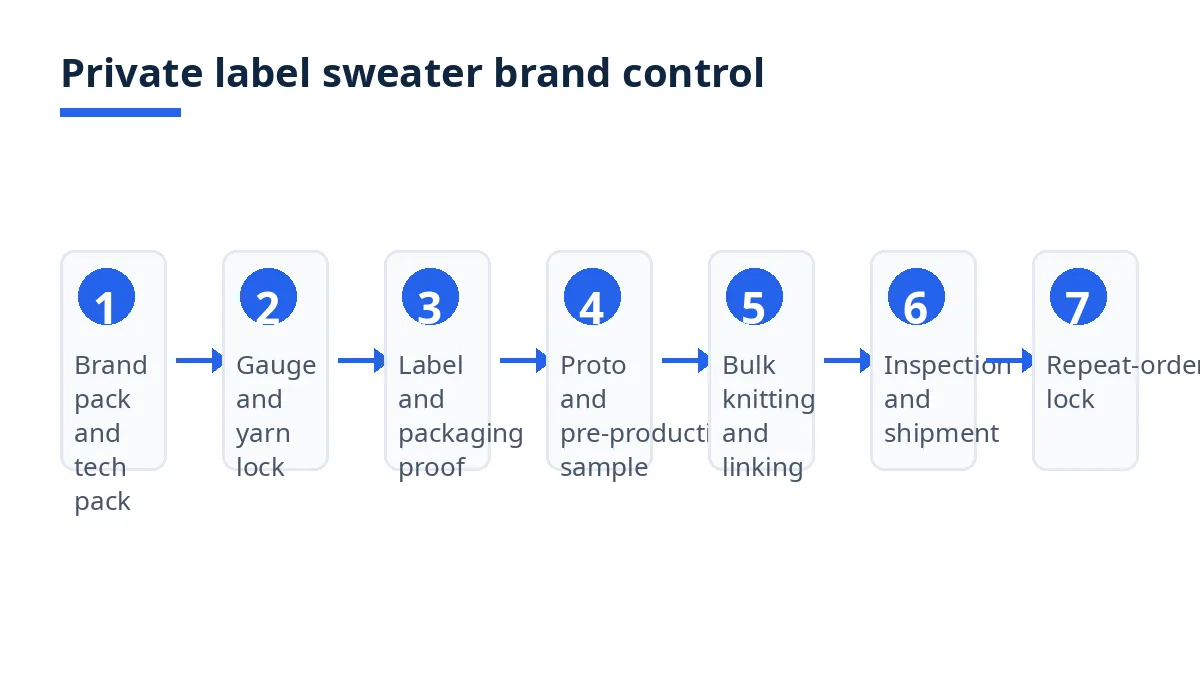 Diagram: seven brand-control steps for private label sweaters, from brand pack to repeat-order lock