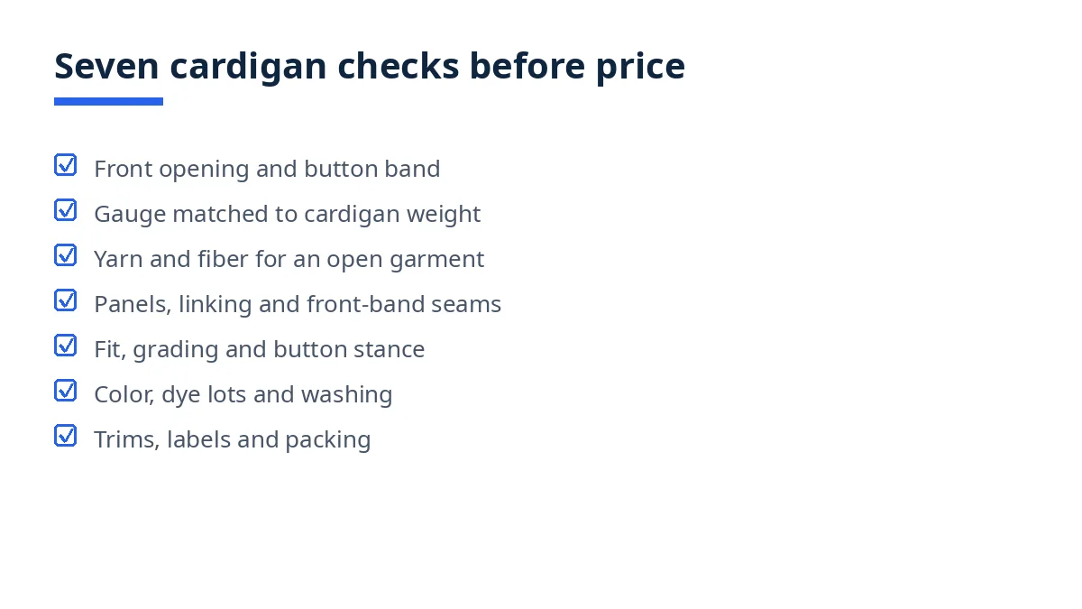 Diagram: seven cardigan construction checks from front opening to trims and labels