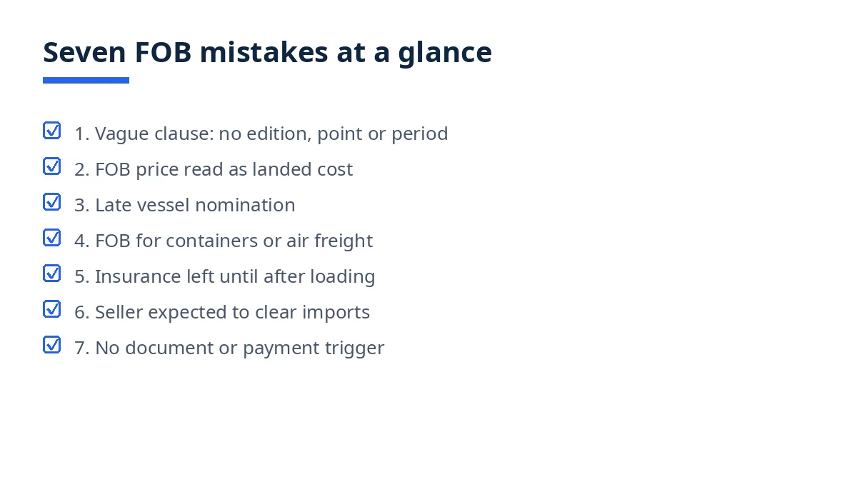 Diagram: seven FOB mistakes, from a vague delivery clause to an unwritten payment trigger