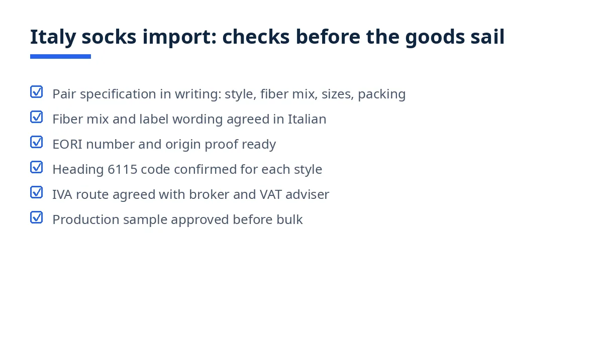 Checklist diagram for importing socks from Bangladesh to Italy, from pair specification to customs clearance