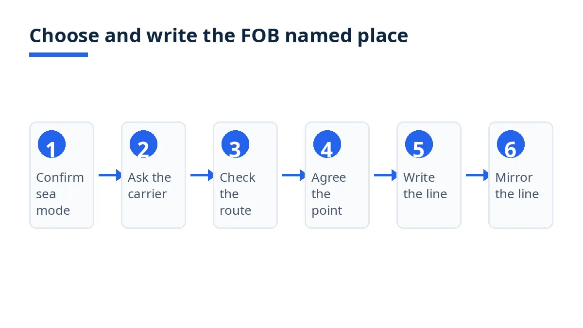 Diagram: six steps to choose and write the FOB named place, from confirming sea transport to mirroring the line
