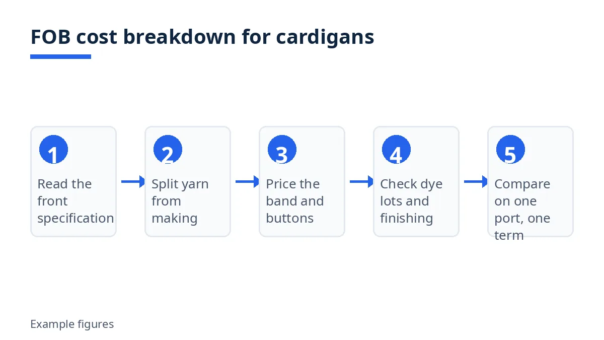 Diagram: five audit steps for a cardigan FOB quotation, from front specification to comparing on one port and term.