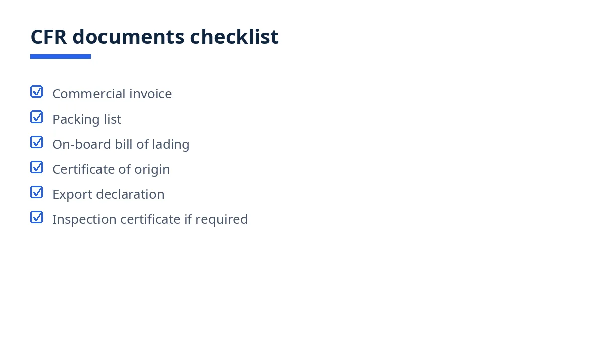 Diagram of the CFR documents checklist with six blocks, from commercial invoice to inspection certificate
