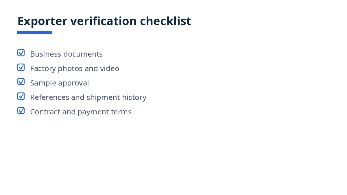 Diagram of the exporter verification checklist, from business documents to contract and payment terms