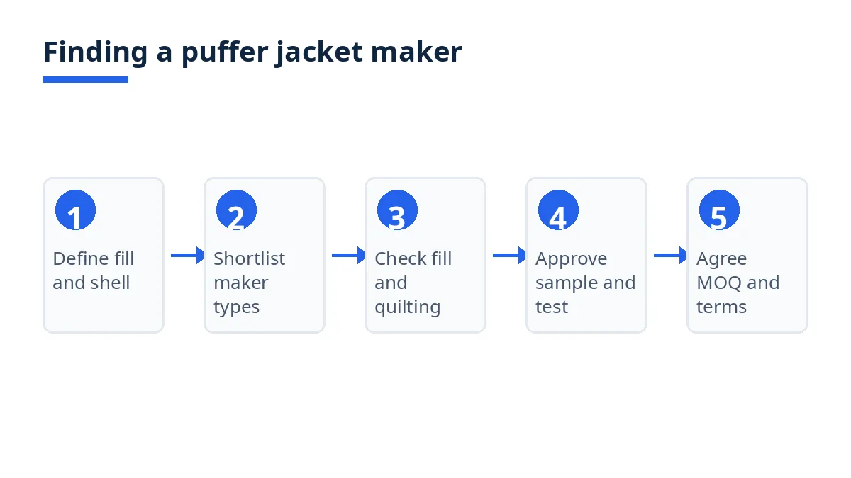 Diagram: five steps for finding a puffer jacket maker, from defining fill and shell to agreeing MOQ and terms