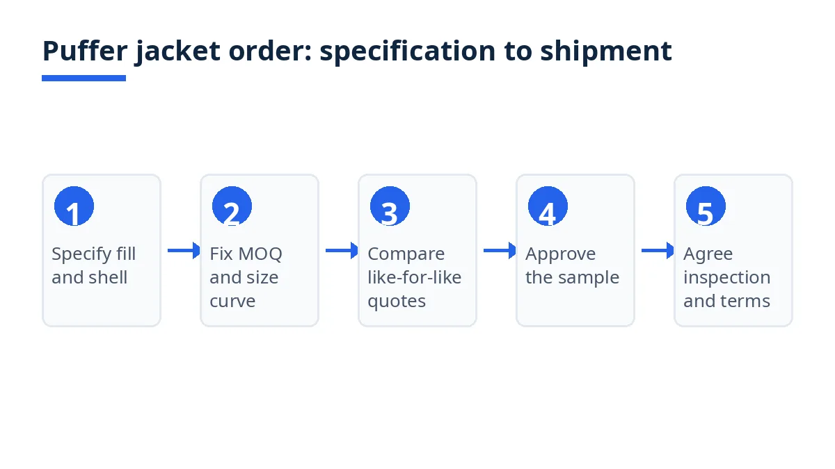 Diagram: five steps of a wholesale puffer jacket order, from specification to shipment