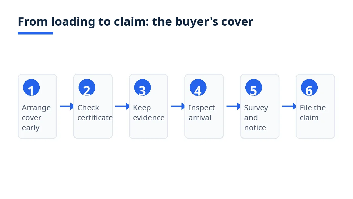 Diagram: six steps from arranging cover before loading to filing a claim with documents