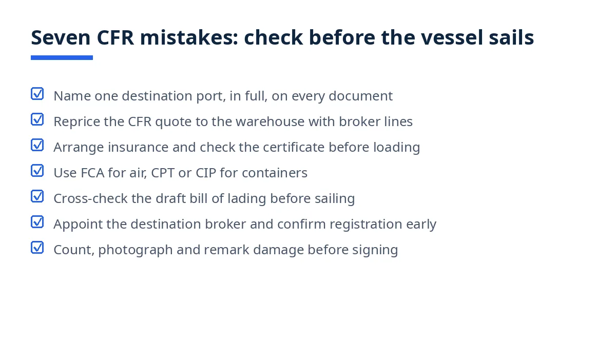 Diagram: seven CFR mistakes checklist, from naming the port to inspecting on arrival